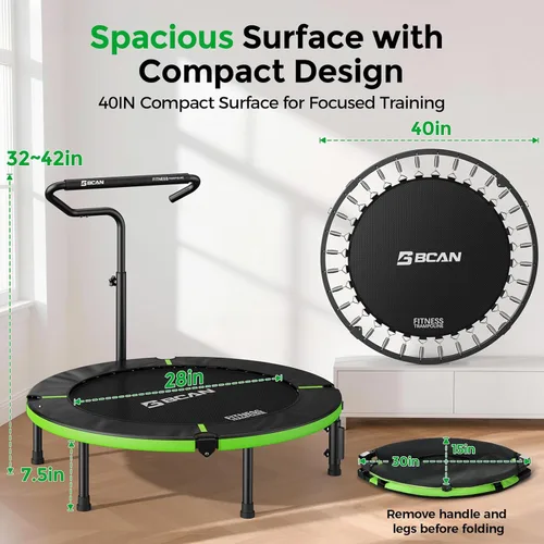 Vista 8 de BCAN 40"/48" Foldable Mini Trampoline, Rebounder Trampoline for Adults, U/T Adjustable Foam Handle, Exercise Rebounder for Adults Indoor/Garden