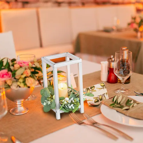 Vista 7 de Geelin 10 piezas de linterna de madera para centro de mesa de boda, linterna de vela de madera, portavelas decorativo para mesa de fiesta de boda