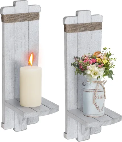 Vista 7 de Candelabros para decoración de pared de granja, 2 candelabros rústicos góticos hechos a mano de madera para montaje en pared para dormitorio, sala