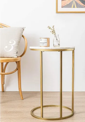 Vista 5 de Mesa auxiliar redonda con forma de C de mármol dorado para aperitivos debajo del sofá, café, laptop, sala de estar, dormitorio, espacio pequeño, 16