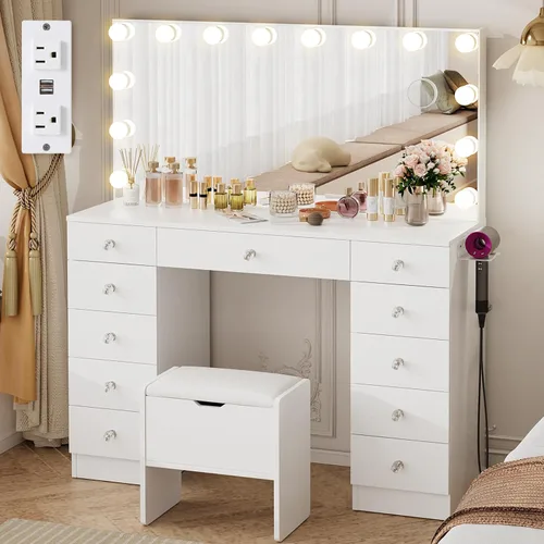 Vista 8 de VOWNER Tocador con espejo iluminado - Escritorio de maquillaje con luces y 11 cajones, 3 modos de iluminación de color con brillo ajustable