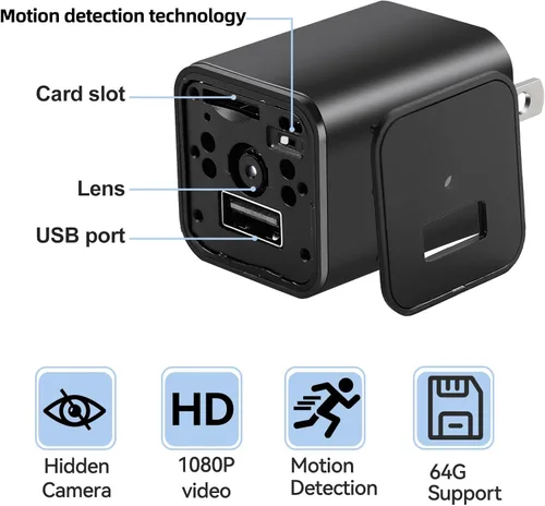 Vista 5 de Cámara espía oculta – Cámara pequeña de 1080P con detección de movimiento – Cámara de niñera para seguridad interior en el hogar – Tarjeta Micro SD