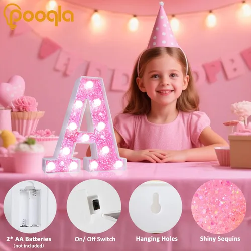 Vista 2 de Pooqla Luces de números de marquesina, números de luz rosa para niñas de 10.º cumpleaños, funciona con pilas, luz nocturna de número con purpurina