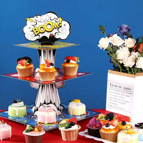 Vista 4 de Zopeal Soporte para cupcakes de héroe de 3 niveles, decoración de cumpleaños, torre de magdalenas, torre de acción, soporte para postres, exhibición