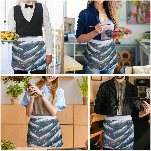 Vista 5 de Server Aprons with 3 Pockets Waist Apron Waterproof Half Apron Winter Pine Plants Short Cooking Aprons Bib