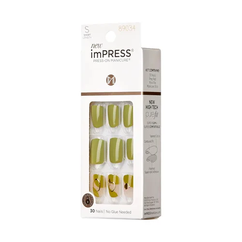 Vista 2 de KISS imPRESS - Uñas a presión sin pegamento Mani, diseño «Before Sunrise», color verde, tamaño corto, forma cuadriculada, incluye 30 uñas