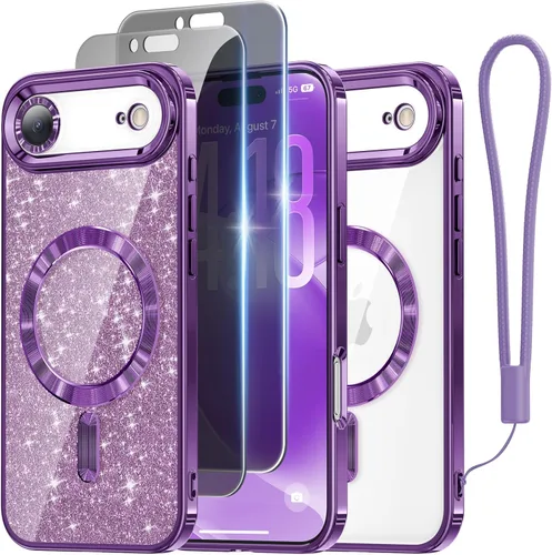 Vista 30 de Meifigno Funda diseñada para iPhone 16 de 6.1 pulgadas, [tarjeta con purpurina y correa de muñeca] [compatible con MagSafe] Protección completa