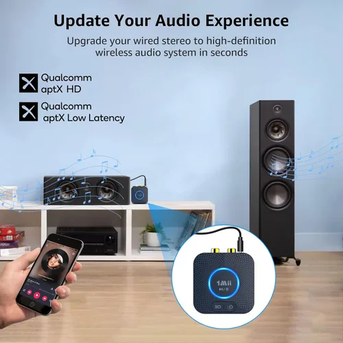 Vista 2 de 1Mii B06HD Bluetooth 5.3 receptor para estéreo doméstico, aptX HD Bluetooth adaptador de audio para sistema de sonido de transmisión de música