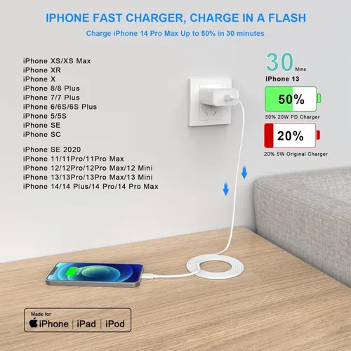 Vista 3 de Paquete de 3 cargadores rápidos para iPhone, PD 20 W, USB C, cargador de pared, adaptador de corriente con 3 unidades de 6 pies extra largo USB C a