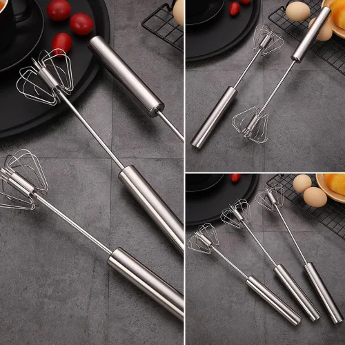 Vista 4 de Batidor semiautomático de acero inoxidable, batidor de huevo de acero inoxidable 2024, batidor giratorio de mano, agitador de mano, accesorios