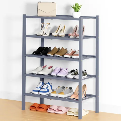 Vista 111 de Smiry Zapatero pequeño de bambú de 2 niveles, apilable, estante de almacenamiento de zapatos de madera para armario, entrada, entrada de puerta Negro