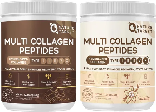 NATURE TARGET Paquete de péptidos de colágeno múltiple en polvo, chocolate y vainilla, colágeno hidrolizado para mujeres y hombres con creatina,