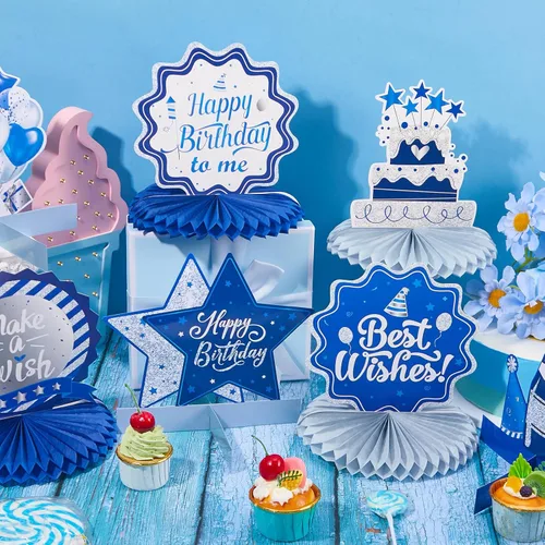 Vista 5 de Clabby 12 piezas de decoración de mesa de cumpleaños, centros de mesa de panal azul para decoración de mesa, lindo adorno de panal de abeja