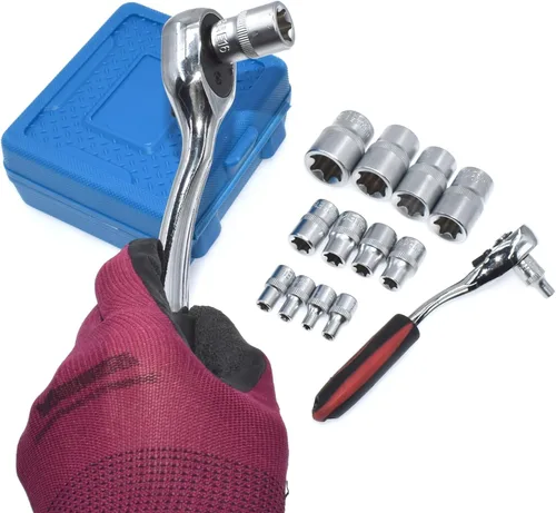 Vista 4 de E-Torx Juego de zócalos, 14 piezas hembra E-Torx Star Socket Set, 1/4" 3/8" 1/2" Drive, E4 a E24 Torque E Externo Juego de zócalos, 14pcs Star