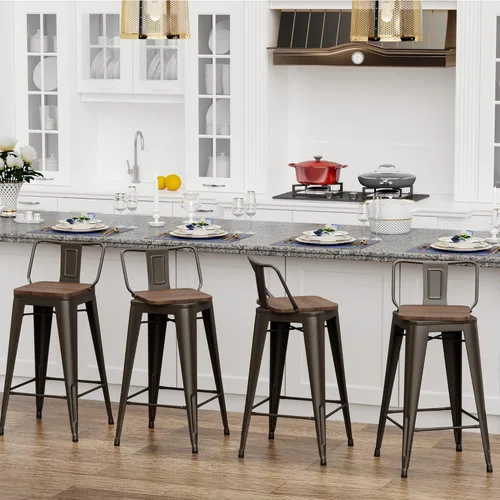 Vista 60 de Juego de 4 taburetes de bar giratorios de 26 pulgadas con respaldo, altura de mostrador, taburetes de bar industriales de metal para el hogar