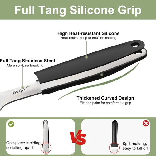 Vista 4 de Beijiyi Espátulas de acero inoxidable, juego de 2 espátulas de metal para cocinar con mango de silicona, girador resistente para sartén de hierro