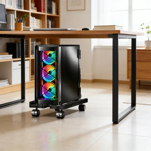 Vista 7 de Soporte de PC, soporte móvil para CPU para piso, soporte enrollable ajustable para CPU, soporte de torre de computadora debajo del escritorio, Negro