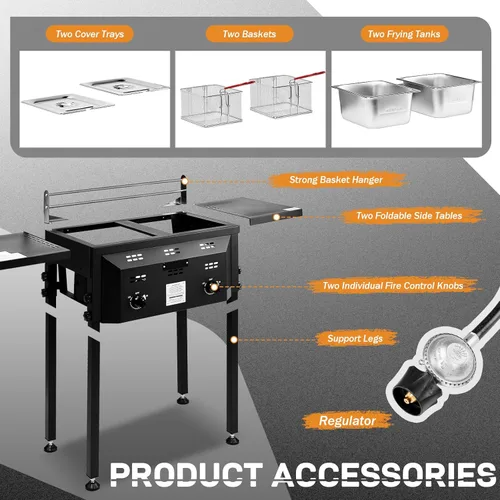 Vista 5 de Outvita Freidora de propano para exteriores, freidora comercial de doble quemador, olla de 16 cuartos de galón con cestas extraíbles, tapas