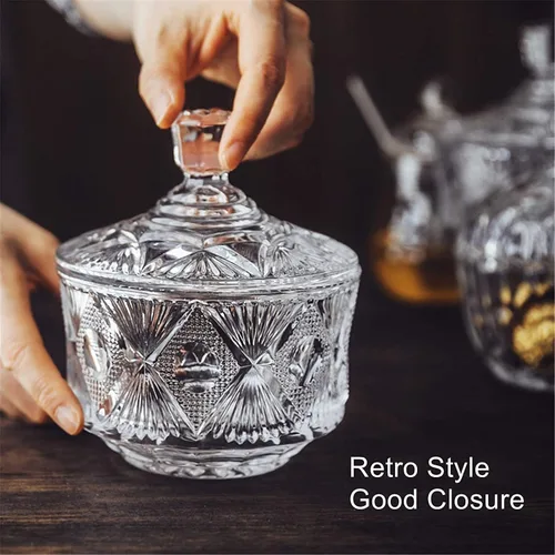 Vista 3 de Plato de cristal antiguo de 11 onzas con tapa, tarro de almacenamiento transparente, caja cubierta transparente para almacenamiento de alimentos