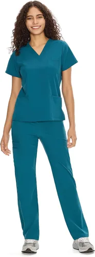 Vista 29 de COZYFIT Scrubs for Women Set - V-Neck & Straight Leg Pants with 9 Pockets Rosa