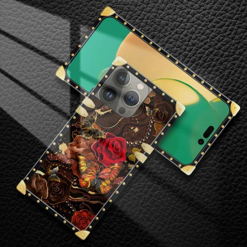 Vista 5 de DAIZAG Funda compatible con iPhone 15 Pro Max, diseño de mariposas doradas, decoración de esquinas de metal retro dorado con diseño de flores