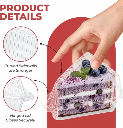 Vista 4 de 25 recipientes para rebanadas de pastel con tapas Recipientes de plástico desechables medianos con bisagras Recipiente transparente para tarta