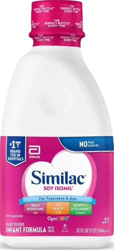 Similac Fórmula infantil lista para alimentar con isomil de soja, para malestar y gas, proteína a base de plantas, botella de 32 onzas líquidas
