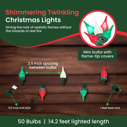 Vista 4 de Juego de luces centelleantes y parpadeantes de Navidad con punta de llama - 8 de 50 luces parpadeantes – 50 bombillas mini rojas, verdes
