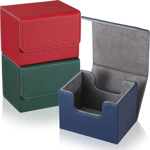 Weewooday Cajas de cuero para cartas de 3 piezas, para más de 100 cartas, caja de almacenamiento magnética compatible con MTG Tcg (azul, rojo