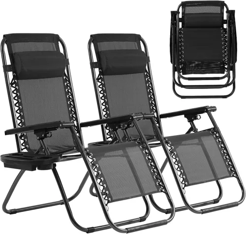 Vista 9 de Silla de gravedad cero plegable, silla de césped, silla reclinable ajustable para acampar con bandejas para almohada y soporte para tazas, silla
