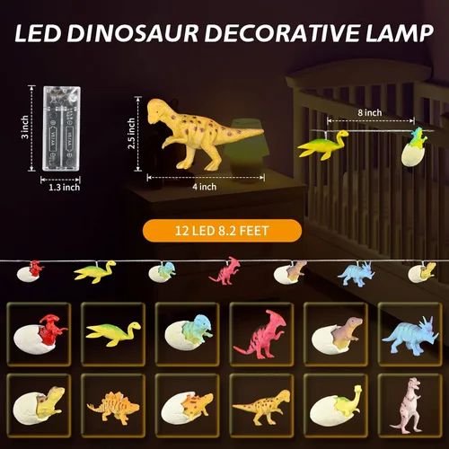 Vista 4 de Cadena de 12 luces LED de dinosaurios alimentadas por batería para dormitorio de niños, decoración de Navidad, fiesta de cumpleaños, Halloween