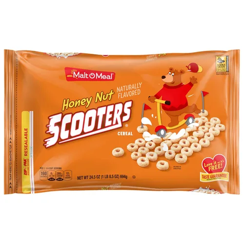 Malt-O-Meal Honey Nut Scooters - Cereal de desayuno con sabor a miel, tamaño grande para la familia, bolsa resellable de 24.5 onzas