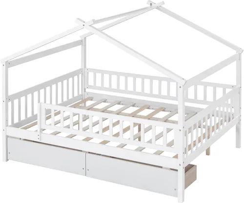 Vista 220 de Merax Cama de madera de tamaño individual con dos cajones, marco de cama de madera con techo para niños, adolescentes, niños o niñas, gris