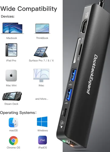 Vista 8 de Concentrador USB C Adaptador Multipuerto, DockteckExpand Dongle USB C 7 en 1 con Puerto HDMI 4K 60Hz, Ethernet de 1Gbps, 100W PD, 2 Puertos USB 3.0