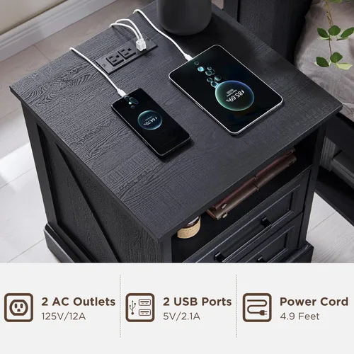 Vista 3 de ACCOHOHO mesita de noche de 18" estilo granja con estación de carga, mesa auxiliar con 2 cajones de almacenamiento, mesa de cabecera, mueble de Negro