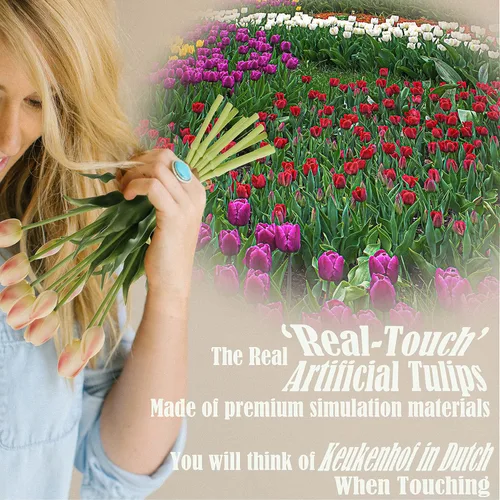 Vista 5 de 20 flores de tulipán artificiales, tallos de tulipán de tacto real de 16 pulgadas con hojas sintéticas, tulipanes y capullos sintéticos