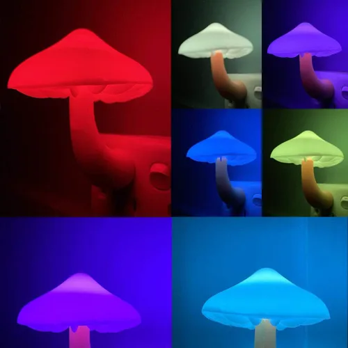 Vista 2 de [Paquete de 2 lámparas LED de noche de hongos con sensor de atardecer a amanecer, enchufable para cama LED, linda lámpara nocturna de hongos