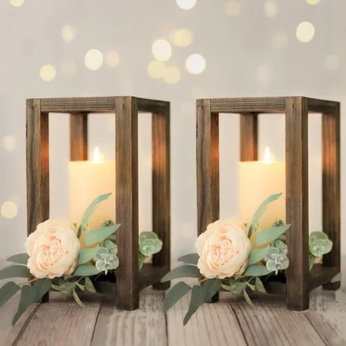Centro de mesa de farol de boda, juego de 2 decoración rústica de mesa de boda, decoración de granja, portavelas de madera, regalo de bodas de