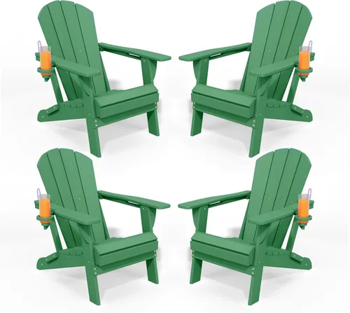 Vista 37 de Sillas plegables Adirondack con portavasos, juego de 4 sillas de plástico HDPE para exteriores, resistentes a la intemperie, aspecto de madera real