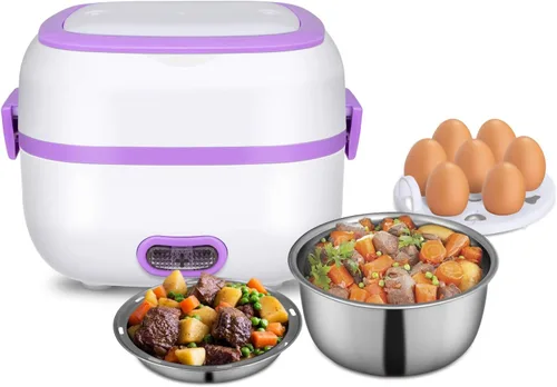 GQU Lonchera eléctrica, calentador de alimentos 3 en 1, cocina/vaporera con cuencos de acero inoxidable, bandeja de vapor de huevos, cuchara, taza