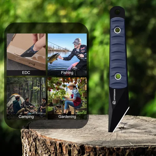 Vista 7 de Cuchillo de cuello compacto de 14.7 cm, pequeño cuchillo de hoja fija EDC Kiridashi con empuñadura de ABS azul, acero 5Cr14MoV, ideal para camping