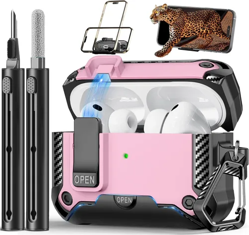 Vista 32 de Funda para AirPods Pro de 2ª Generación con Soporte para Teléfono, Protección Completa contra Caídas con Diseño de Interruptor Automático a Presión