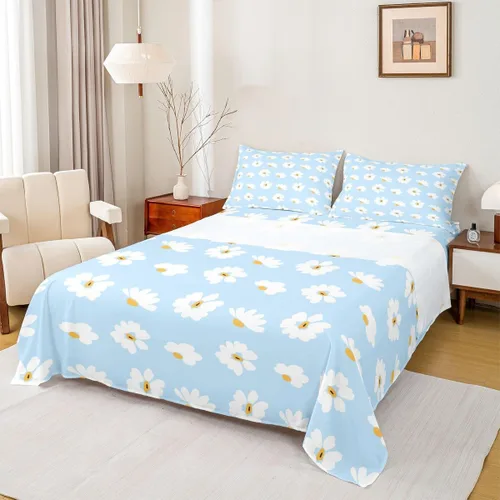 Castle Fairy Daisy Florals Bed Sheet Set for Kids,Cartoon Wildflowers Sheets Set,Retro Country Style Home Decor Sheet Sets with Deep Pocket,Top Flat