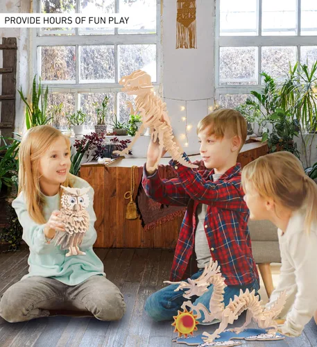 Vista 4 de Puzzled Rompecabezas 3D de madera de búho, kit de modelo de construcción de artesanía, divertido juguete de madera único y educativo