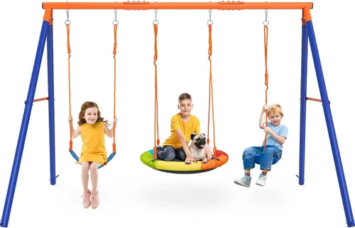 Vista 9 de Amictoy Juego de columpios para patio trasero con soporte, juego de metal resistente con marco en A de 440 libras con columpio de platillo de 32