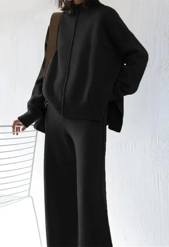 Vista 2 de Viottiset Conjunto de 2 piezas de suéter para mujer, pantalones de pierna ancha, cuello alto, ropa de descanso