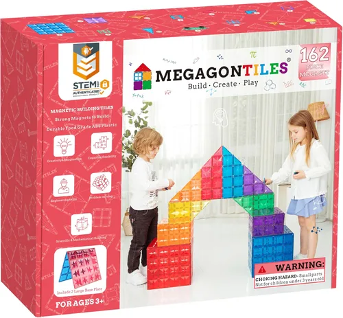 Vista 10 de MEGAGONTILES Juego de 60 azulejos magnéticos para estación de bomberos Bloques de construcción magnéticos STEM con camiones de bomberos y grúas