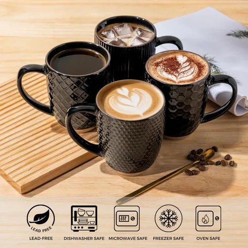 Vista 4 de GBhome Juego de 4 tazas de café grandes hechas a mano de 16 onzas con mango grande para capuchino, café con leche, té, cacao caliente, aptas