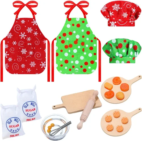 Vista 6 de Hungdao 16 Piezas Accesorios de Muñeca de Navidad Conjunto de Atuendo de Mini Panadero Incluye Delantal Sombreros Conjunto de Rodillo de Amasar