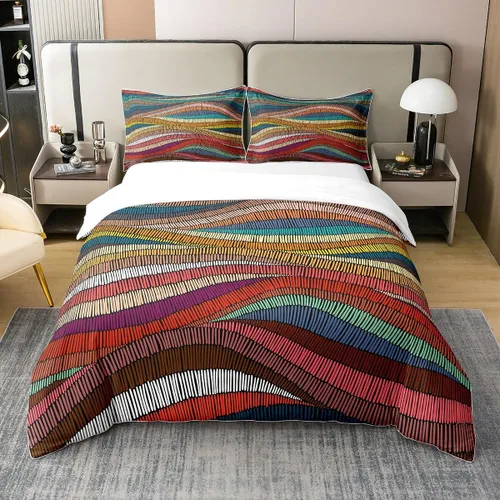 Vista 3 de Erosebridal - Juego de funda de edredón bohemia 100% algodón orgánico, diseño ondulado, cama individual, funda de edredón bordada con arco iris